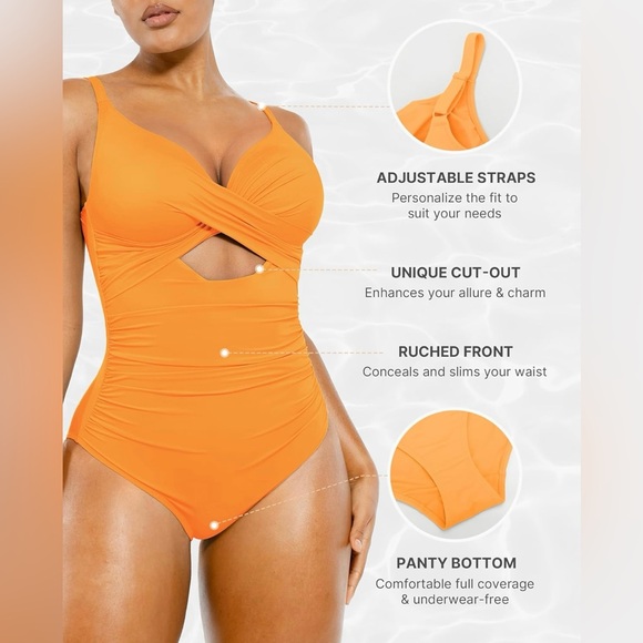 SHAPELLX Tummy Control Swimsuit Women V Neck One Piece Ruched Built-in Bra - Picture 3 of 10